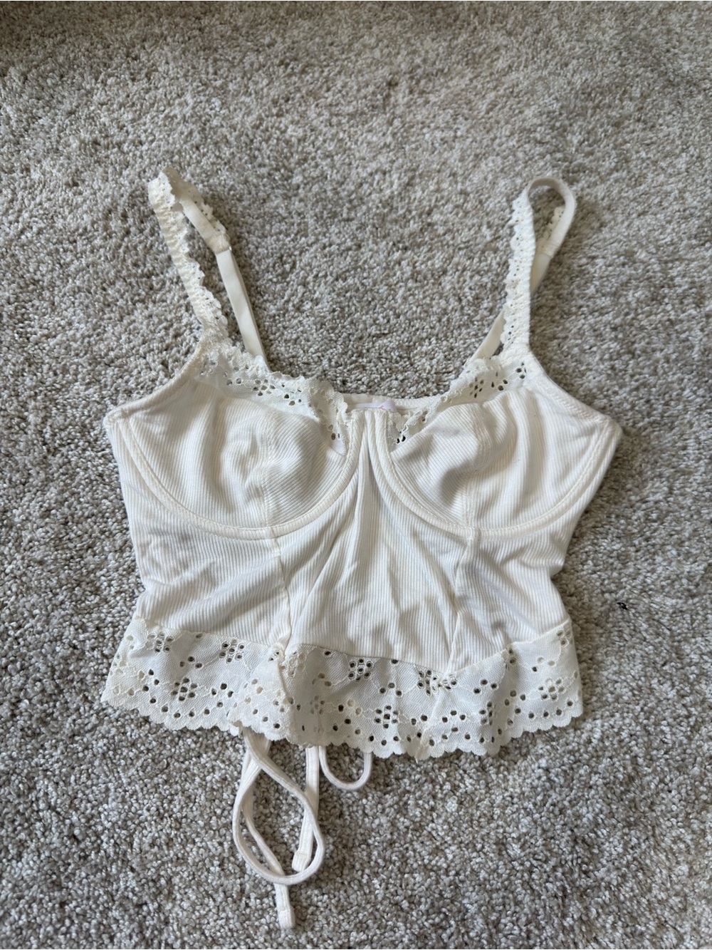 Colsie Cream Ribbed Lace-Trim Cami Bustier Tank Top